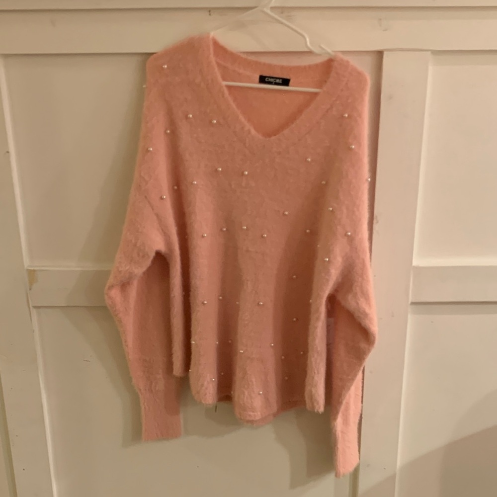 Chicme Oversized Beaded V-Neck Long Sleeve Sweater in Pink